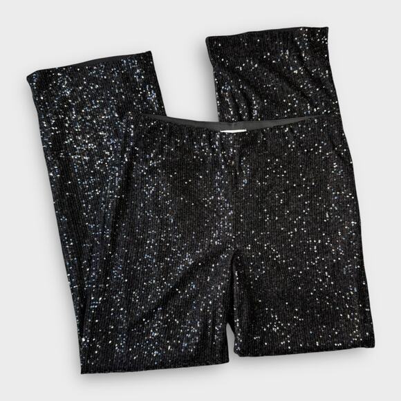 H AND M  NEW BLACK SEQUIN STRAIGHT LEG PANTS LARGE RECYCLED MATERIALS PARTY - Picture 1 of 7